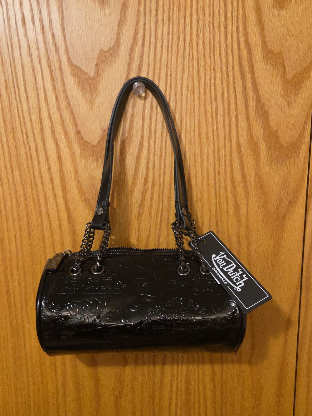 Von Dutch Black Patent Barrel Mini Bag with Chain Handles